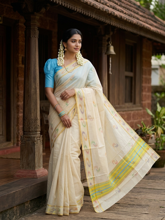 Southloom Kerala Tissue Kasavu Saree with Multi Colour Pochampally Design on Borders and Kara