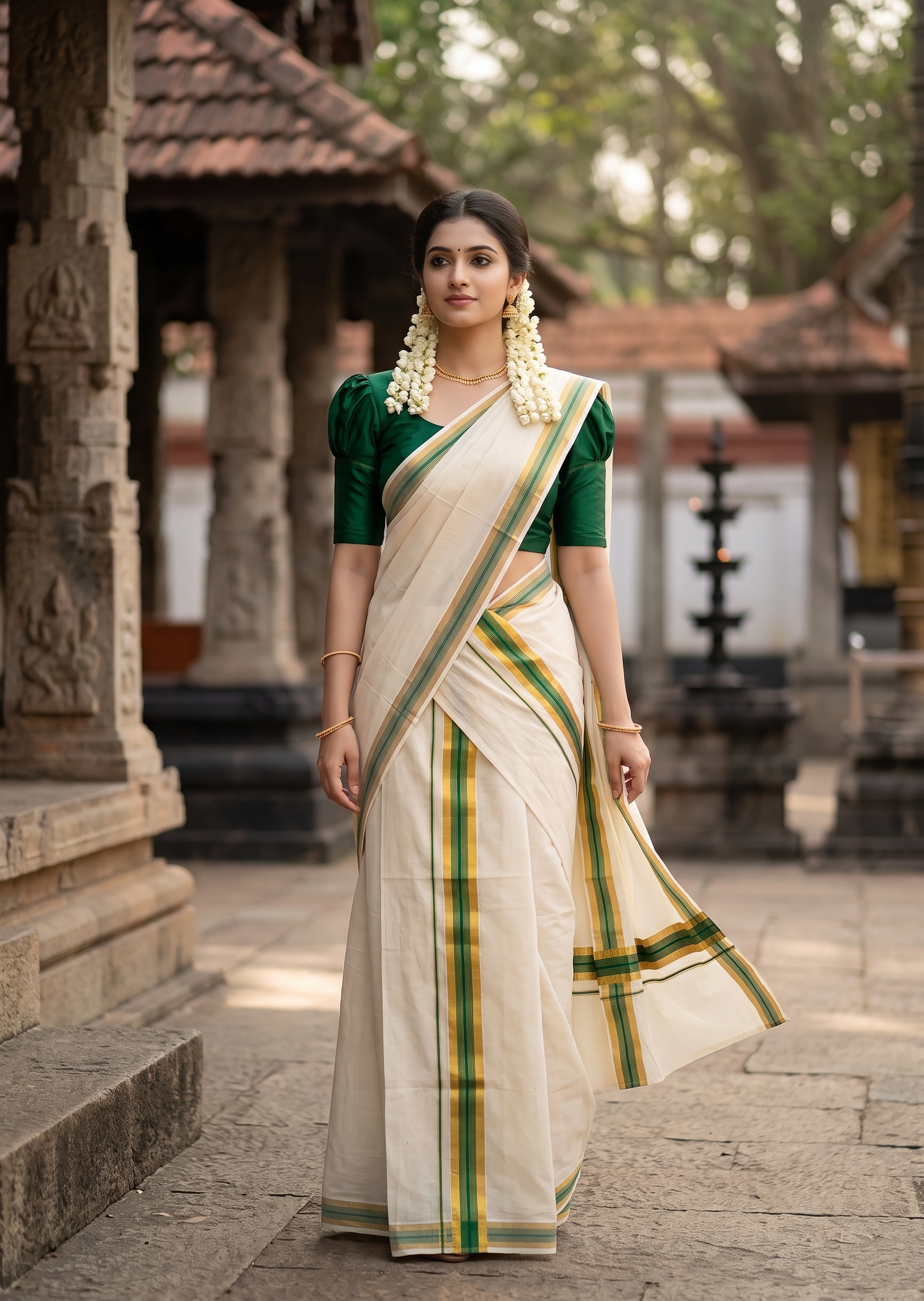 Southloom Pure Cotton Kerala Single Set Mundu (Mundum Neriyathum) with Green Kasavu Border 2.80 Mtrs SLKK SL523
