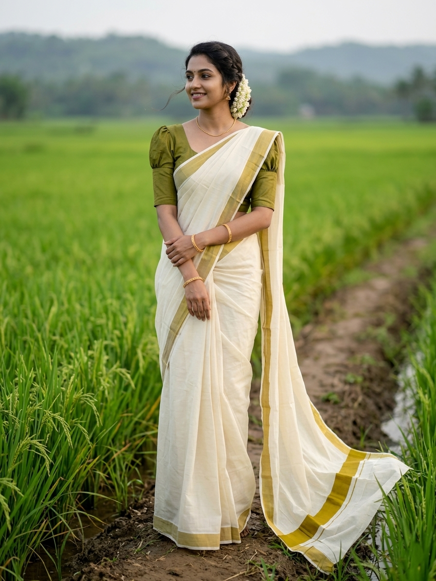 Pure Cotton Kerala Saree with Olive Brown Plain Border