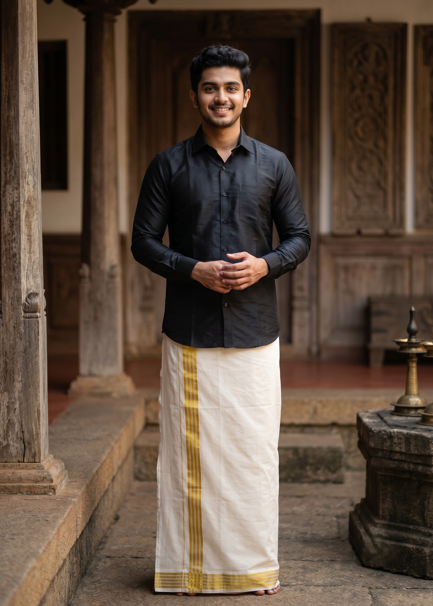 Southloom Pure Cotton Off White Double Mundu with Gold Kasavu Lines Border (South Indian Kerala Dhoti)