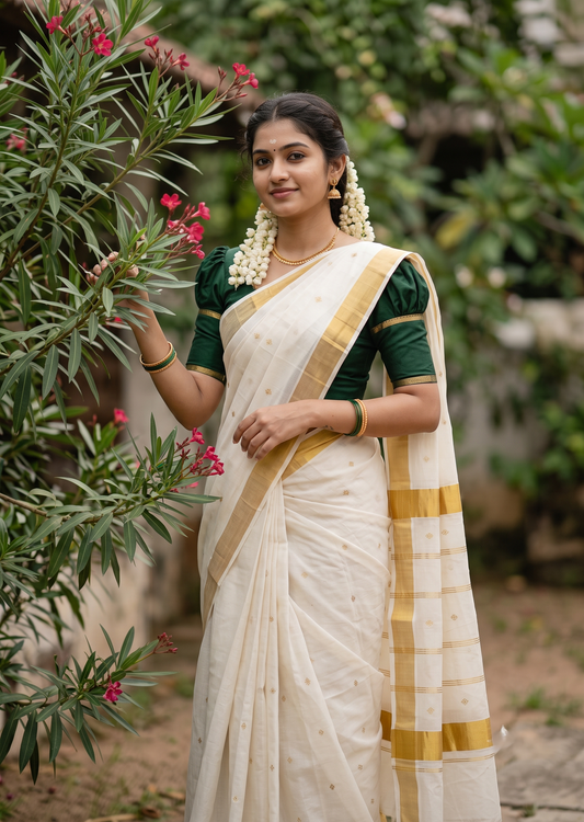 Southloom Super Premium Balaramapuram Handloom Cotton Saree with Gold Butta Design On Body  Gold Kasavu Border SL628