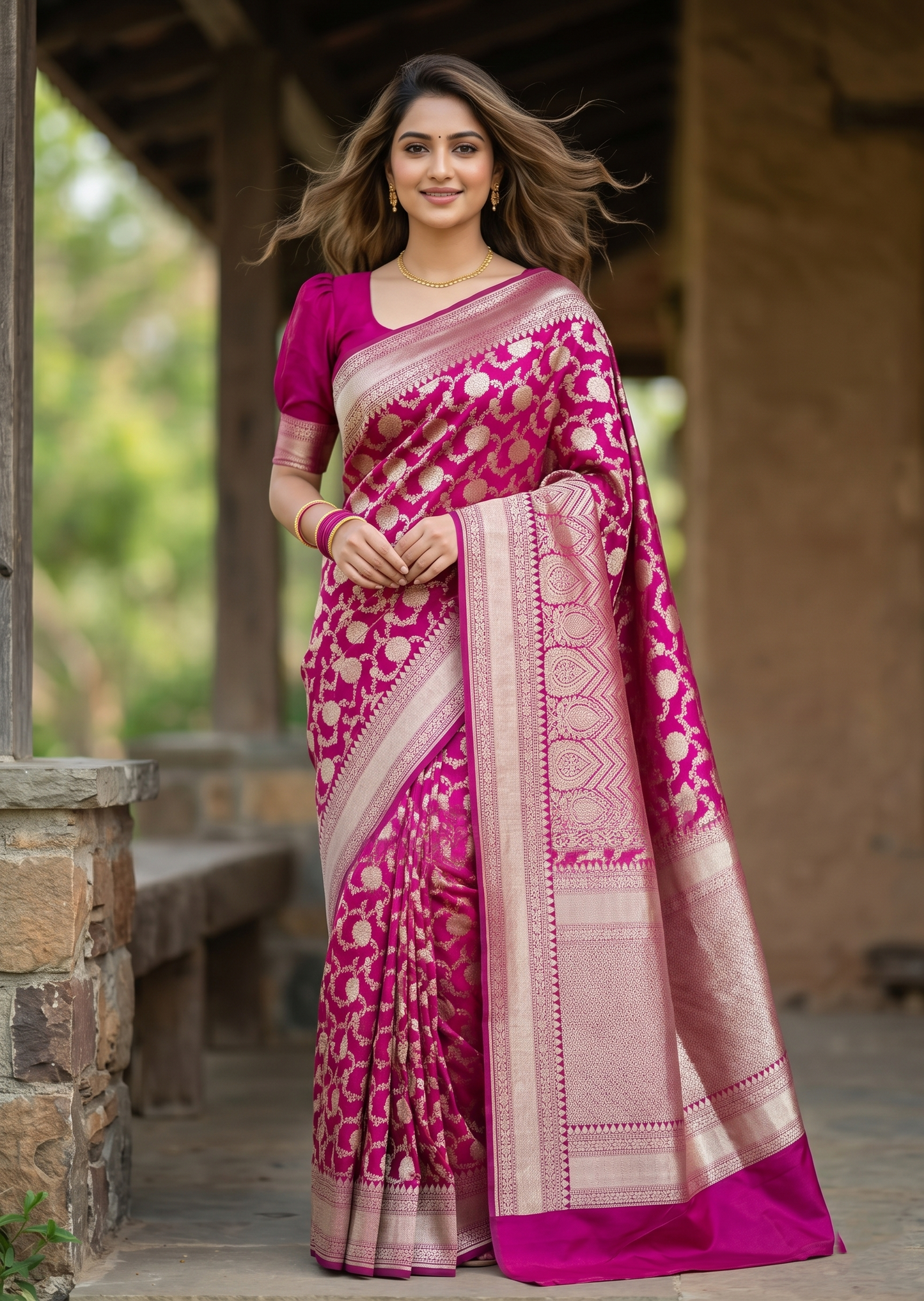 Southloom Pure Banarasi Silk Saree with Woven Work on Body and Borders (Magenta)