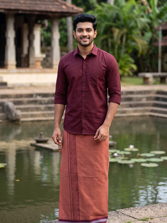 Southloom Saffron (Kaavi) Maroon Printed Single Mundu / Lungi (South Indian Kerala Dhoti)