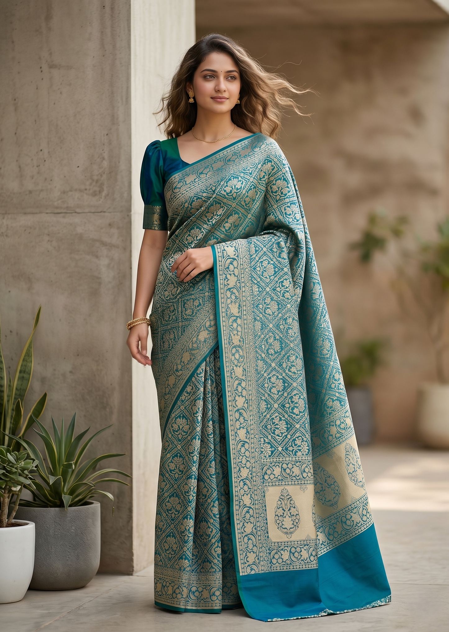 Southloom Pure Banarasi Silk Saree with Woven Work on Body and Borders (Peacock Green And Blue)