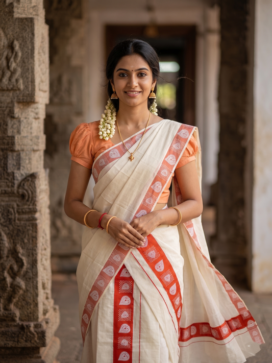 Kerala Cotton Single Set Mundu (Mundum Neriyathum) with Block Prints in Orange Border