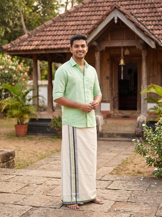 Southloom Kerala Pure Cotton Double Mundu with Green & Black Border (South Indian Dhoti)