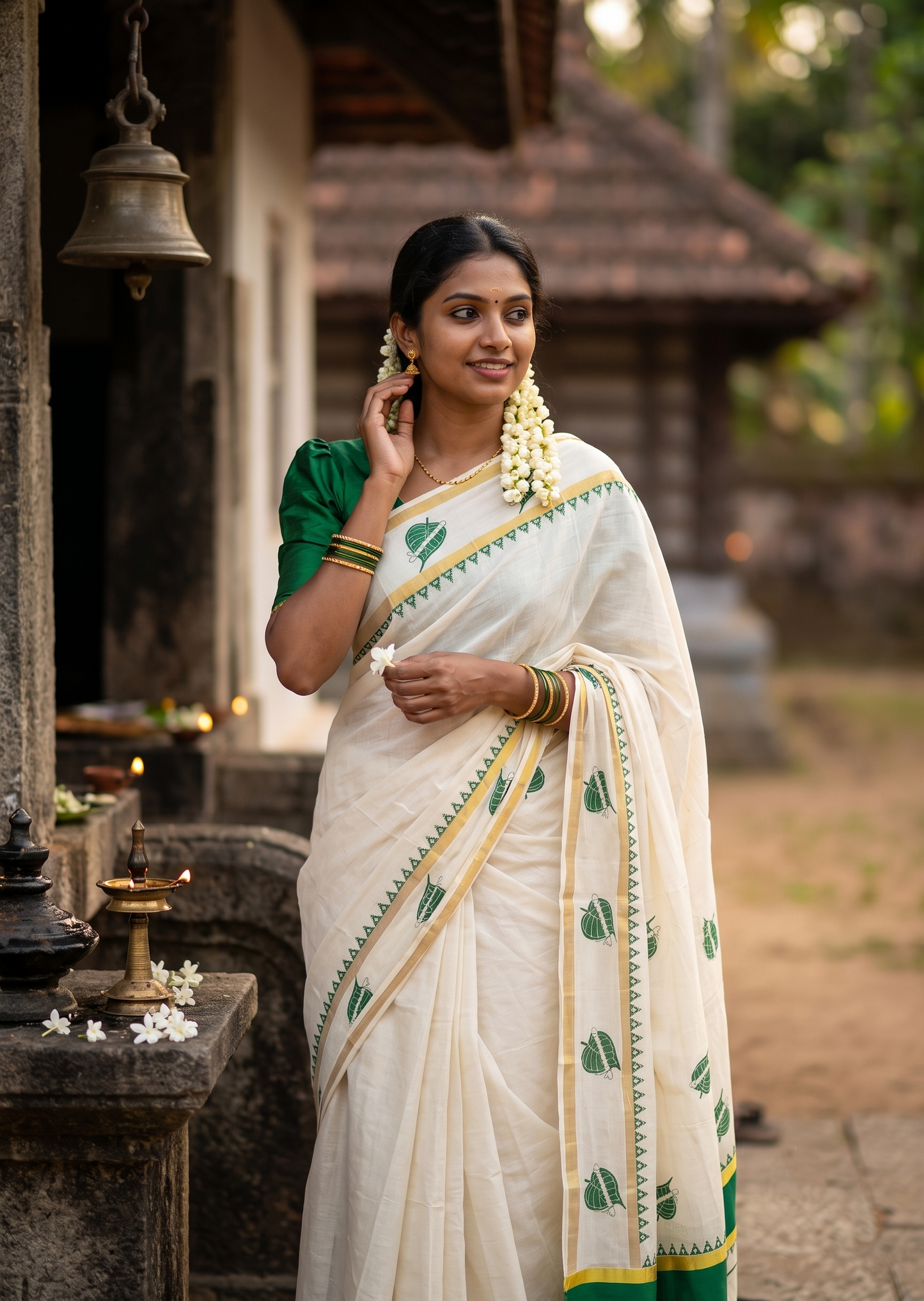 Southloom Cotton Kerala Kasavu Saree with Digital Print on Body with Temple Border in Green SL533