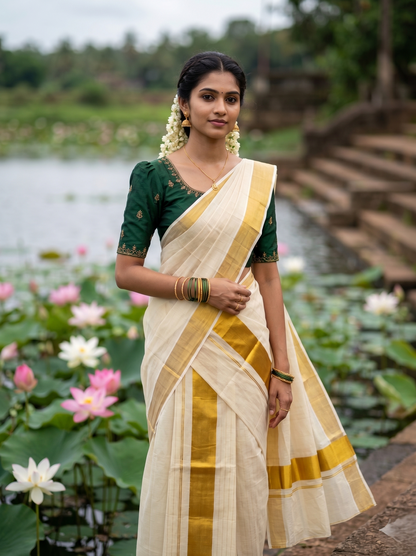 Southloom Kerala Tissue Single Set Mundu (Mundum Neriyathum) with  Kasavu Lines Across Body SL338