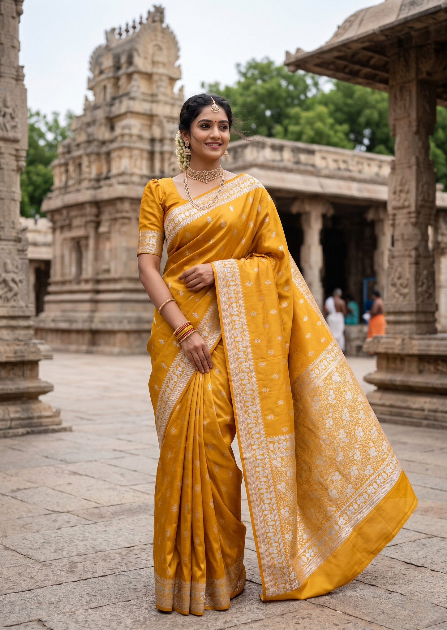 Southloom Satin Banarasi Silk Saree with Woven Work on Body and Borders In Yellow