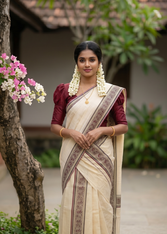 Southloom Tissue Single Set Mundu (Mundu Neriyathum) With Digital Print in Maroon 2.80 Mtrs SL396