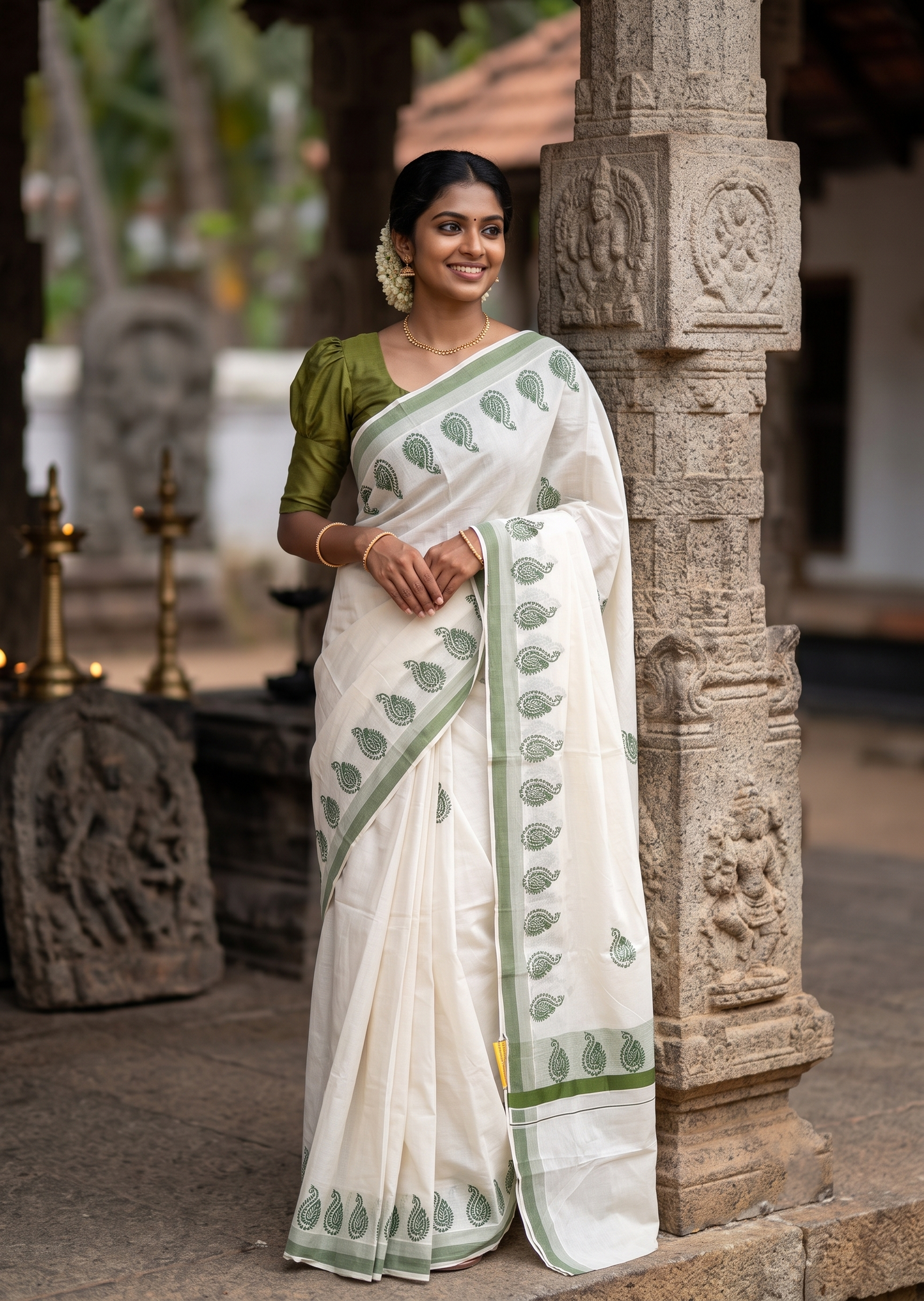 Southloom Cotton Kerala Kasavu Saree with Digital Print on Body in Green SL533