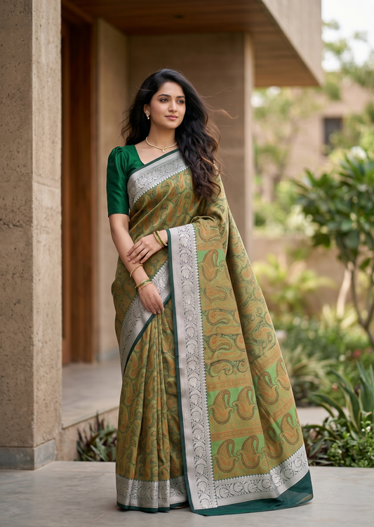 Southloom Resham Work Soft Cotton Banarasi Saree with Woven Work on Body and Borders