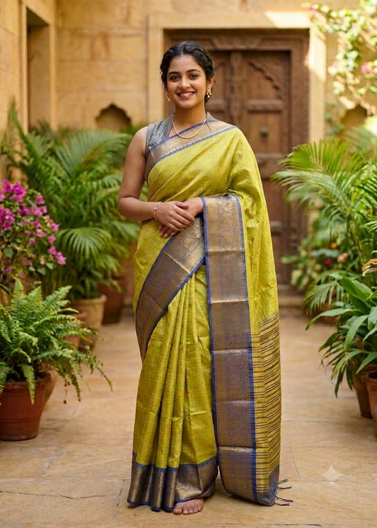 Olive Green and Navy Blue Semi Silk Saree With Check Design On Body SL634