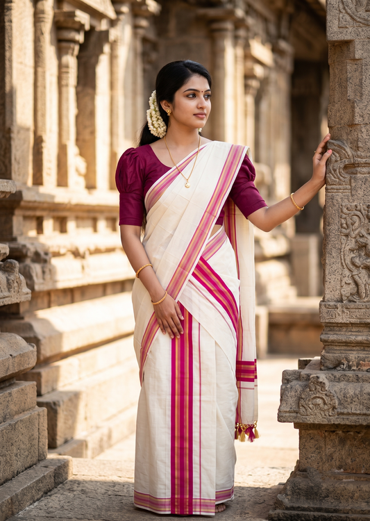 Southloom Kerala Cotton Single Set Mundu (Mundum Neriyathum) with Kasavu and Dark Pink Border SLKK SL518