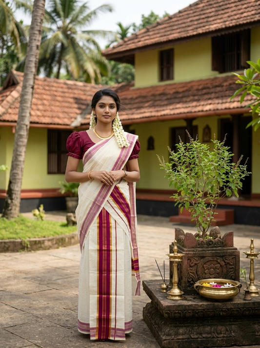 Kerala Cotton Set Mundu (Mundum Neriyathum) with Kasavu and Purple Border in 2.80 Mtrs