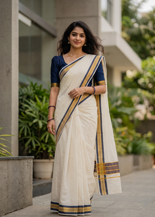 Southloom Kerala Cotton Saree with Blue Woven Work on Pallu SL639