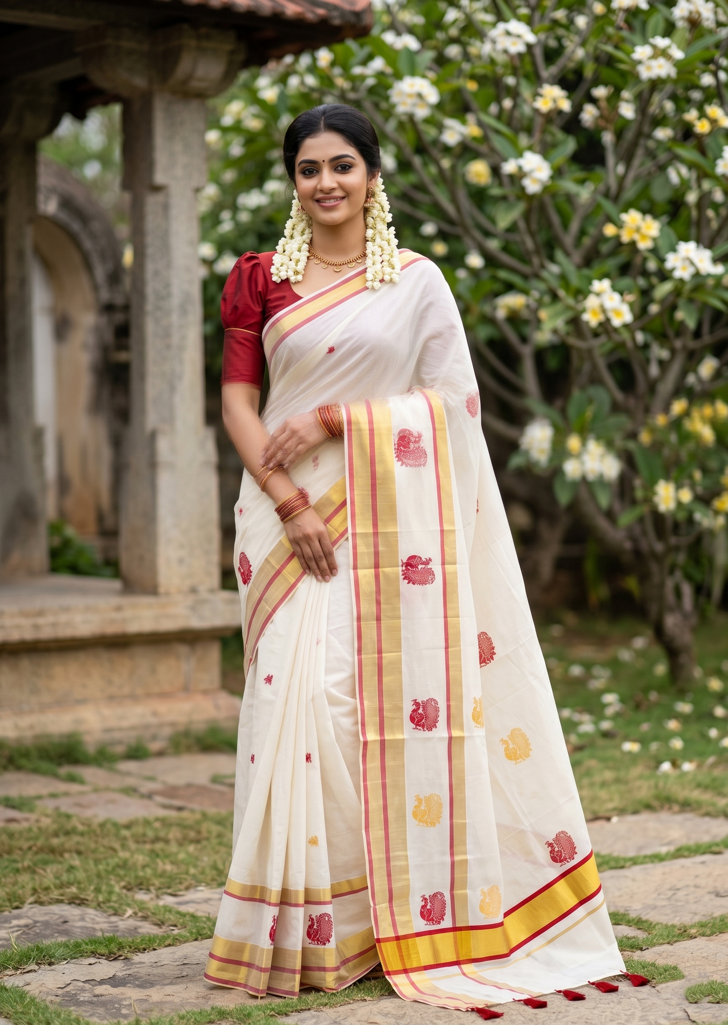 Southloom Pure Cotton Kerala Saree with Digital Print On The Body In Red With Gold Kasavu Border SL367