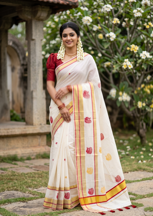 Southloom Pure Cotton Kerala Saree with Digital Print On The Body In Red With Gold Kasavu Border SL367