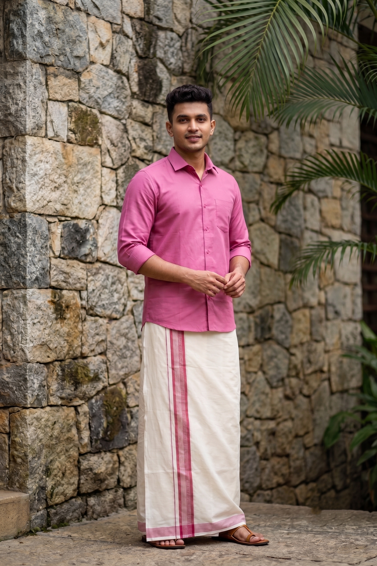 Pure Cotton Mundu with White  Lines and Brick Red Border (South Indian Kerala Dhoti)