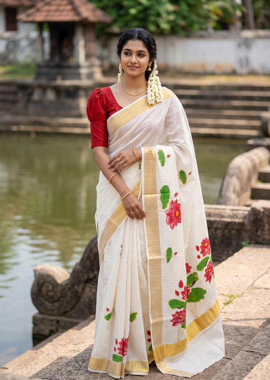 Southloom Cotton Kerala Kasavu Saree with Hand Painted Embroidery Lotus Design SL289