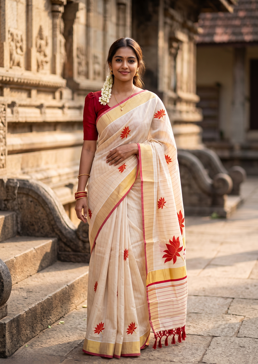 Southloom Kerala Tissue Kasavu Saree with Lotus Embroidery Works on Body in Red SL557