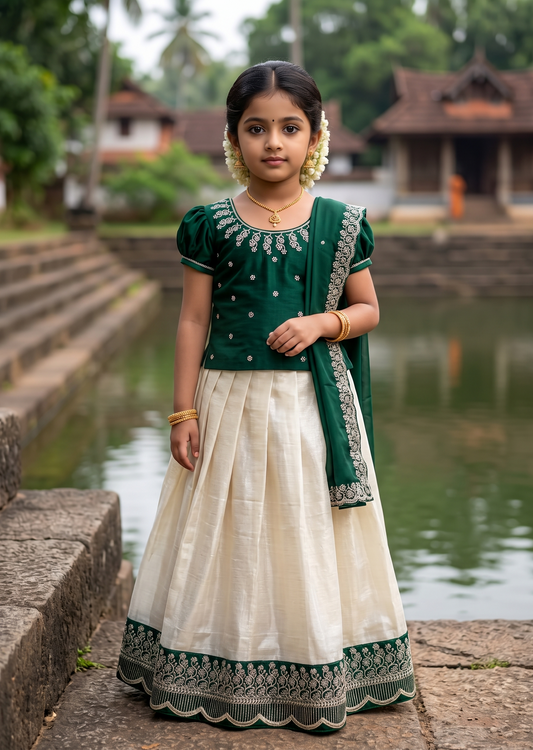 Southloom Stitched Georgette Dhavani Set with Pavada and Green Blouse Piece SLKDHAVANI