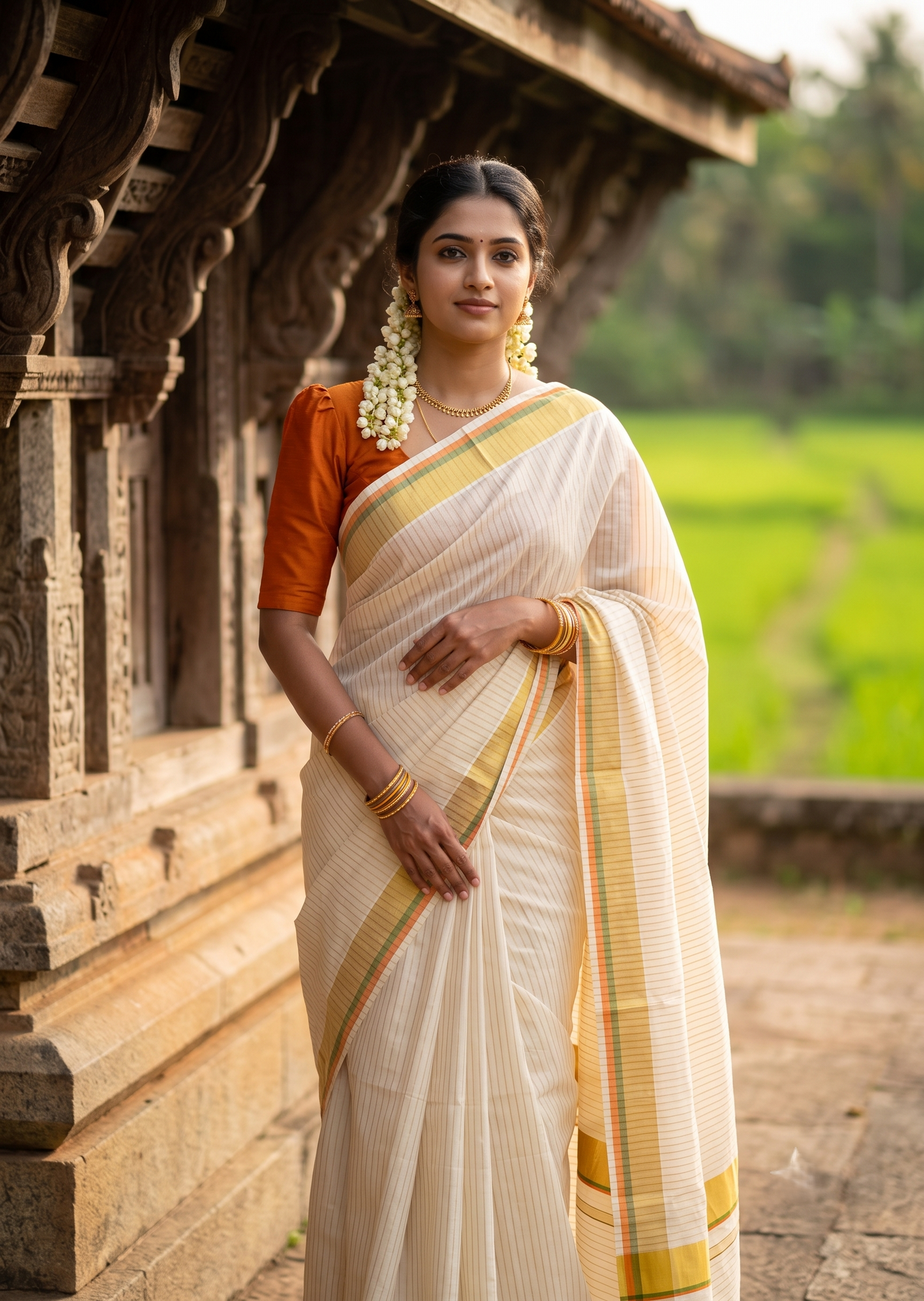 Southloom Kerala Cotton Kasavu Saree with Stripes on Body In Olive Green & Orange Border SL505