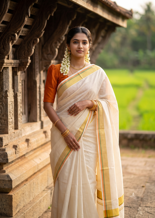 Southloom Kerala Cotton Kasavu Saree with Stripes on Body In Olive Green & Orange Border SL505