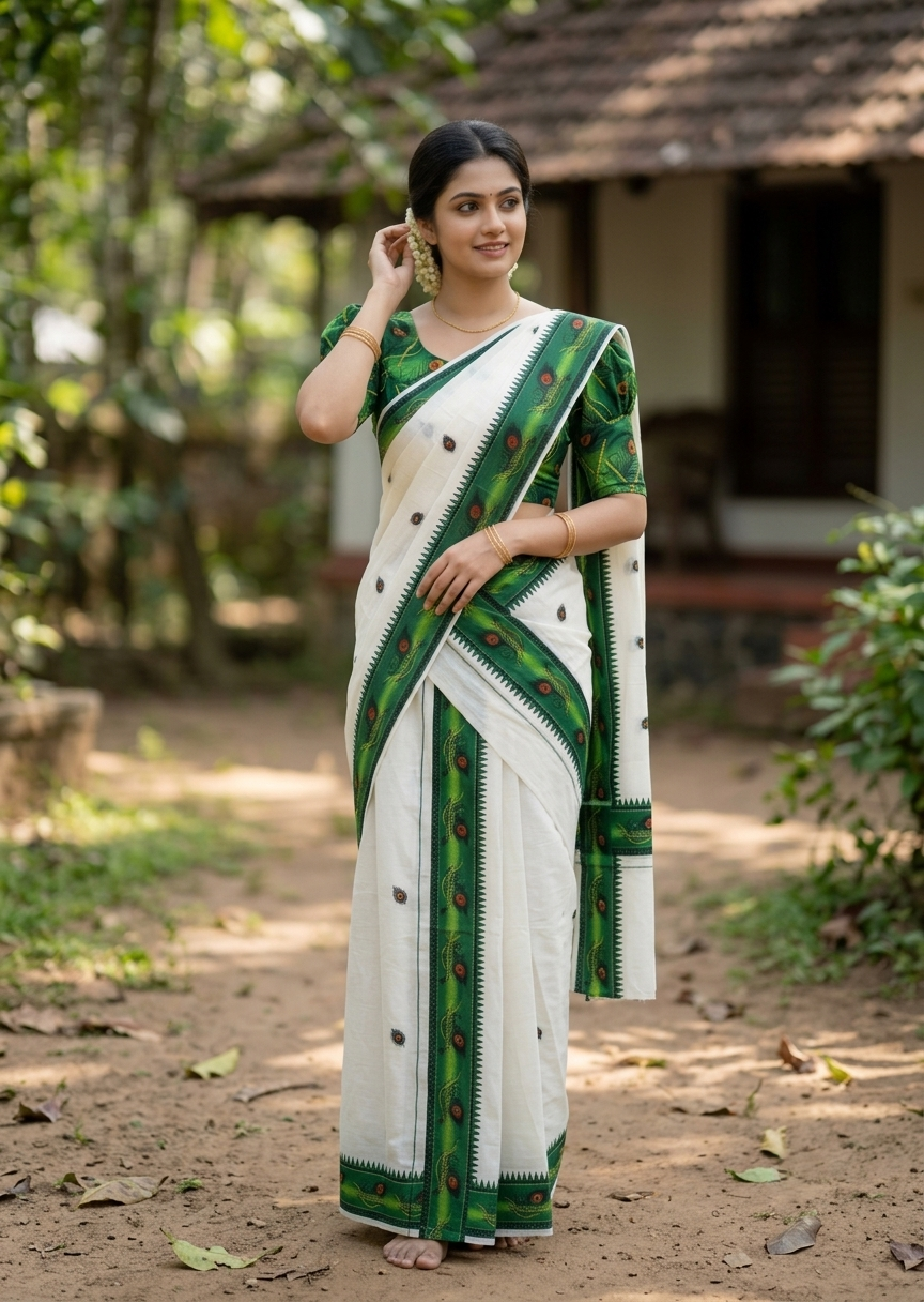 Southloom Kerala Pure Cotton  Set Mundu (Mundum Neriyathum) with Green Block Prints on Border-2.80Mtrs SL621