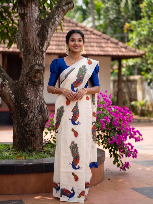 Southloom Cotton Single Set Mundu (Mundu Neriyathum) With Peacock Print in 2.80 Mtrs With Blue Tussles SL387