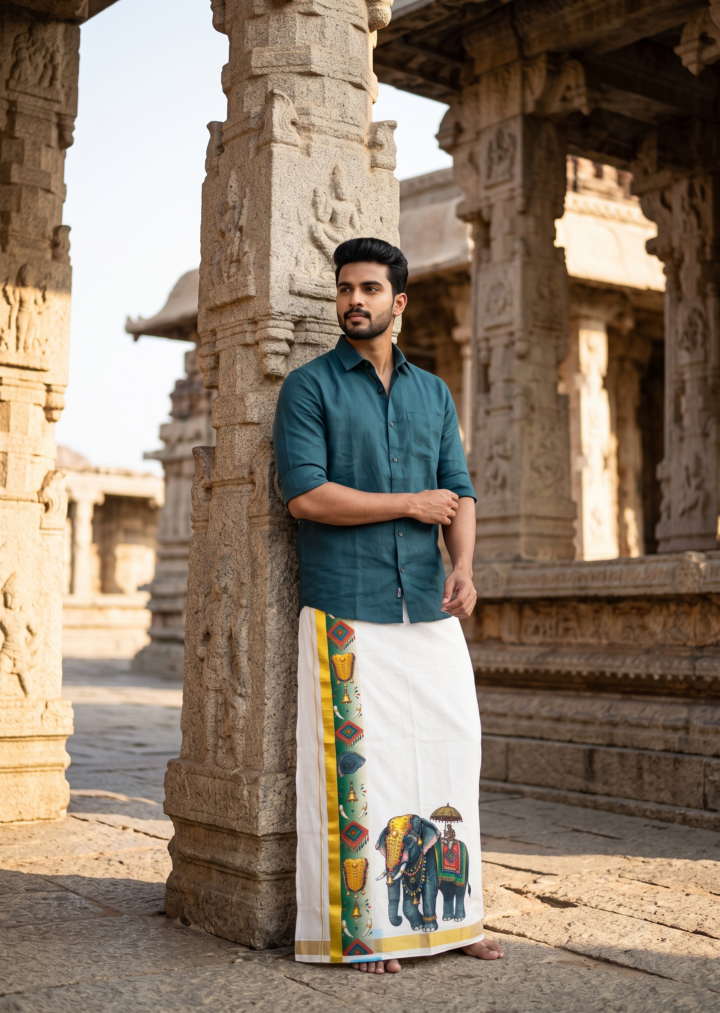 Southloom Pure Cotton Elephant Digital Printed Double Mundu (South Indian Kerala Dhoti)