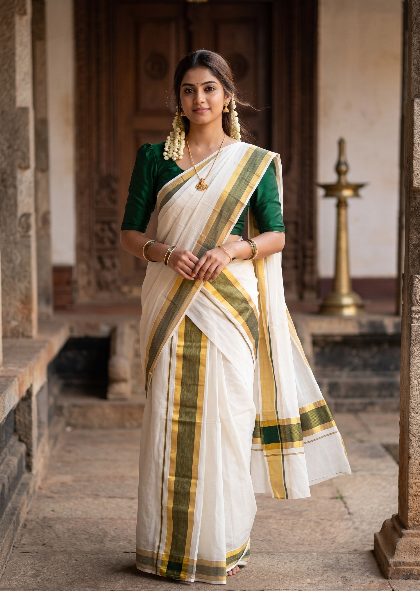Southloom Pure Cotton Kerala Single Set Mundu (Mundum Neriyathum) with  Green and Kasavu Border 2.80 Mtrs SLKK