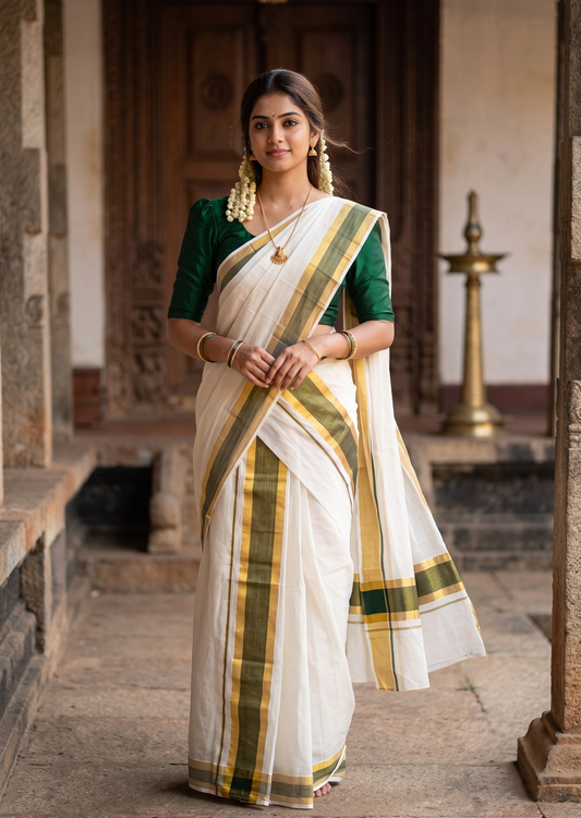 Southloom Pure Cotton Kerala Single Set Mundu (Mundum Neriyathum) with  Green and Kasavu Border 2.80 Mtrs SLKK