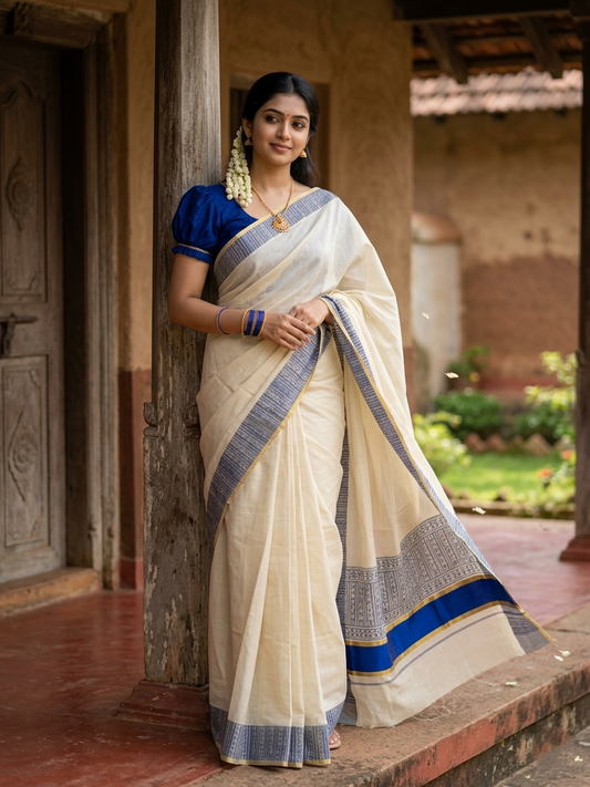 Southloom Tissue Kerala Kasavu Saree with Block Print on Body and Borders in Blue