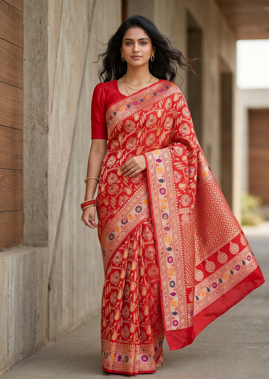 Southloom Pure Banarasi Silk Saree with Woven Work on Body and Borders (Red)