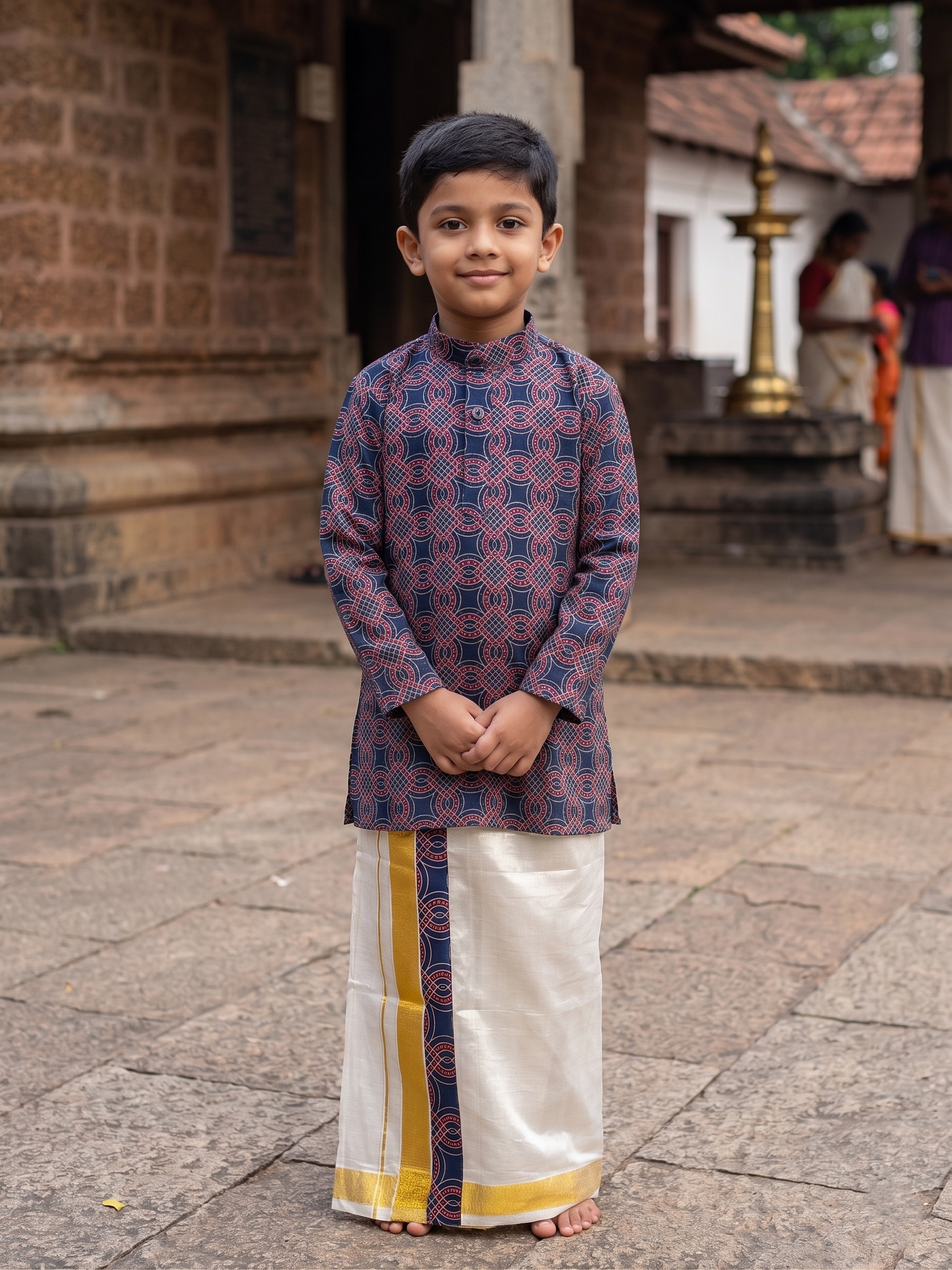 Southloom Tissue Ajrakh Printed Kids's Combo (Kurta + Velcro Mundu)