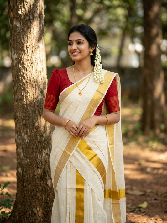 Southloom Pure Cotton Kerala Kasavu Set Mundu (Mundum Neriyathum) Kasavu Border and Lines on Body in 2.80 mtrs SL338