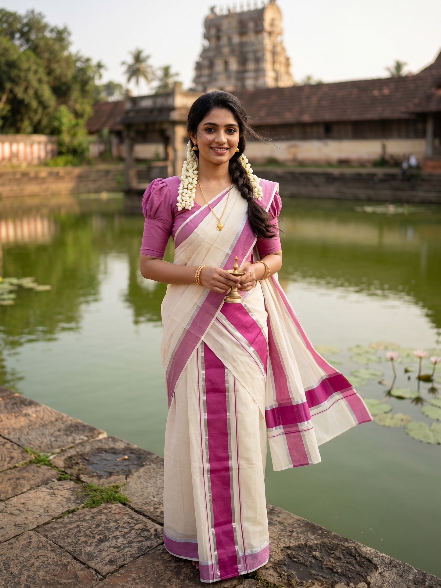 Kerala Cotton Mundum Neriyathum Single (Set Mundu) with Pink and Silver Kasavu Border 2.80 Mtrs  SLKK SL498