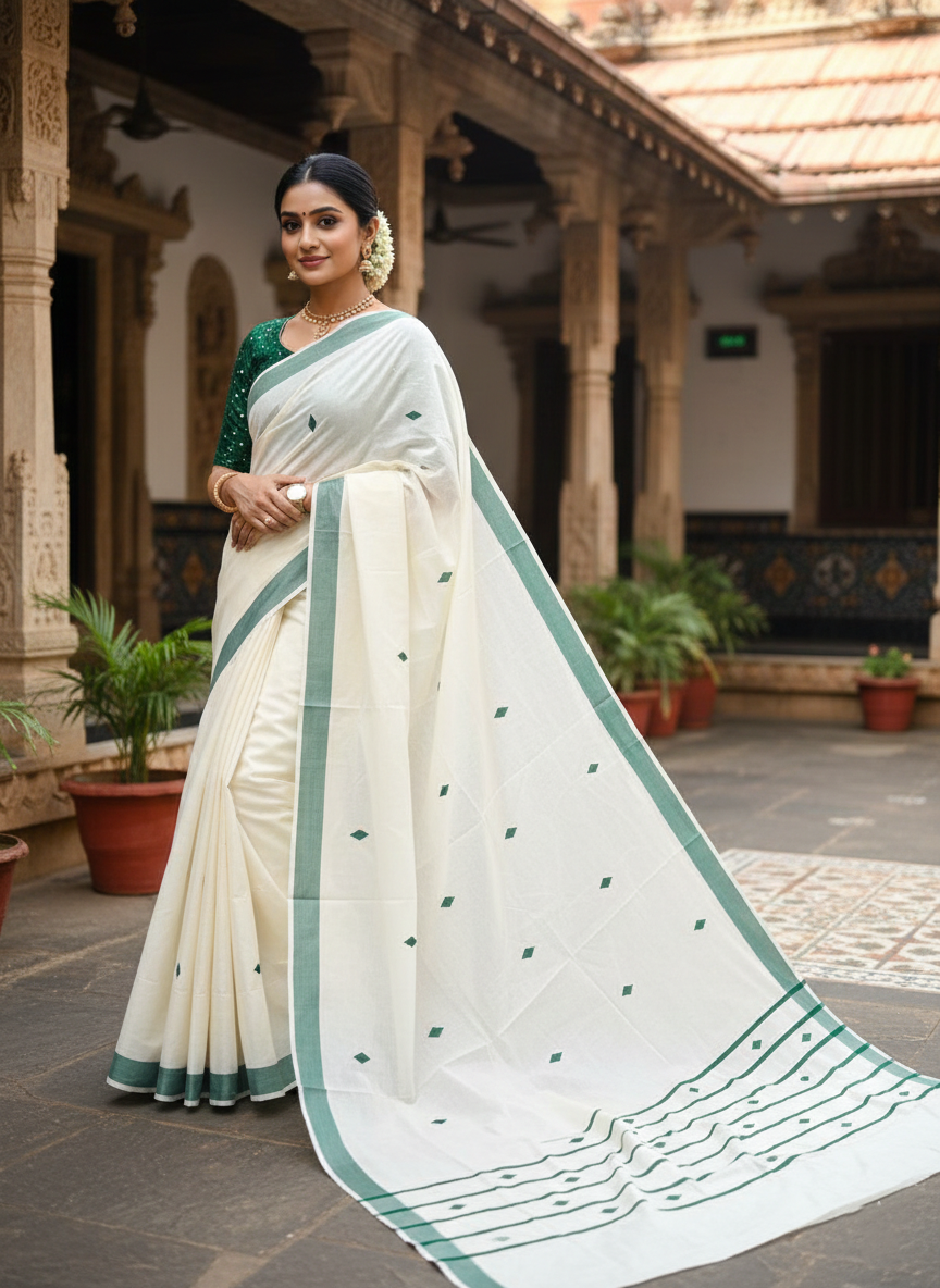 Southloom Kerala Pure Cotton Saree with Green Butta Embroidery Works on Body SL324