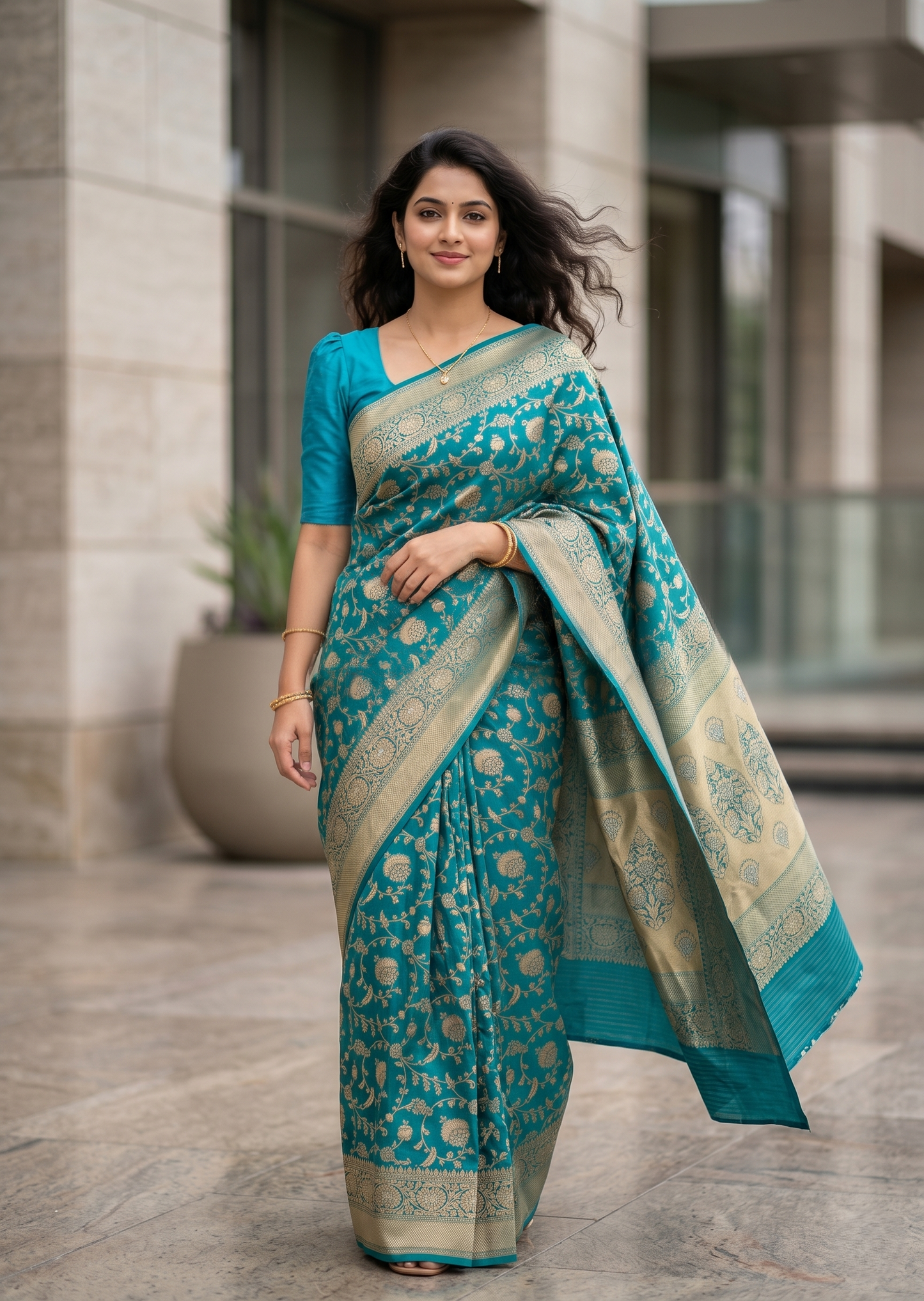 Southloom Pure Banarasi Silk Saree with Woven Work on Body and Borders (Turquoise)