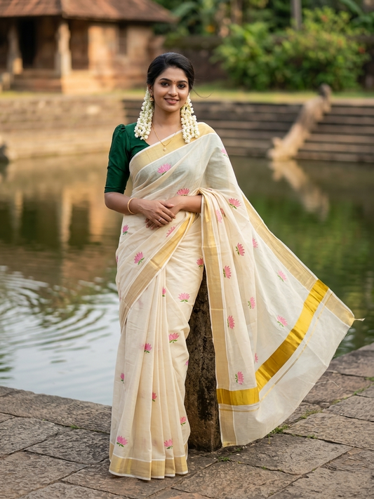 Southloom Lotus Pink and Green Embroidery Tissue Plain Kerala Saree SL289