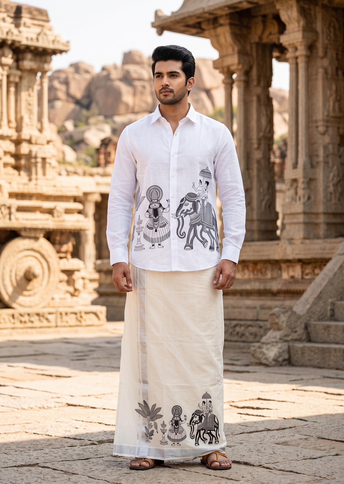 Southloom Linen Cotton Elephant Embroidery Design Men's Combo In White (Shirt + Mundu) SLCOMBO SL571