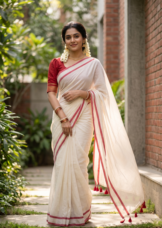 Southloom Mul Cotton 120 x 120 Soft Fabric Saree with  Red Border SL215