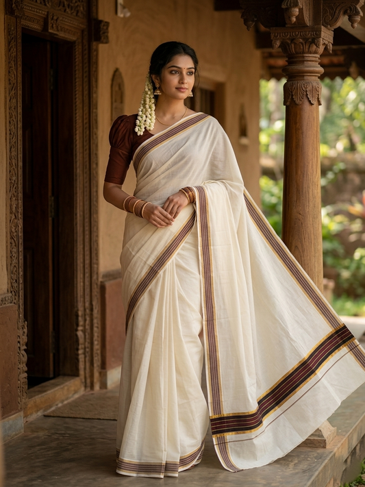 Pure Cotton Kerala Saree with Brown and Kasavu Lines Border and Pallu