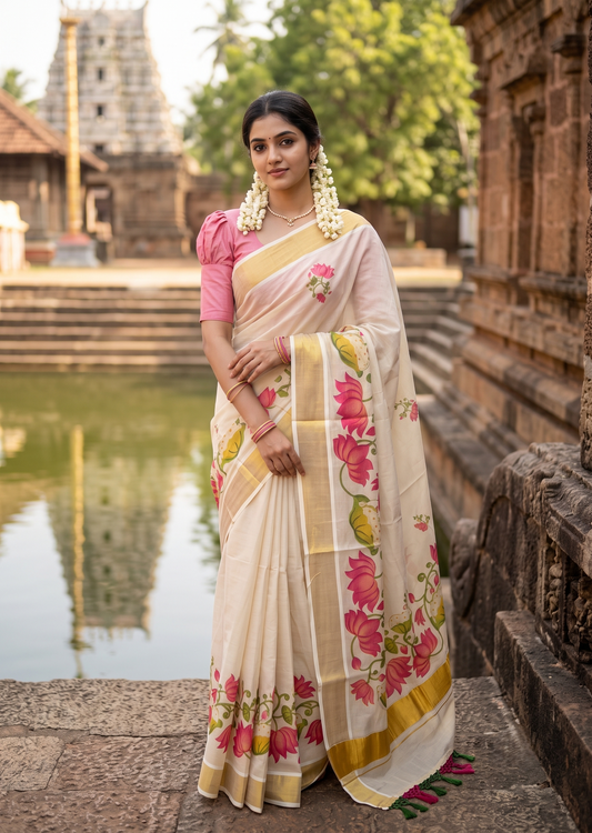 Southloom Tissue Kerala Kasavu Saree with Hand Painted  Lotus Design SL586