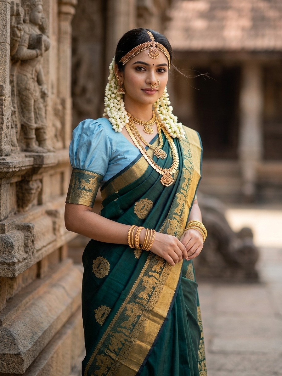 Southloom Premium Handloom Bridal Kanchipuram Silk Saree with Pallaku Design (Green)