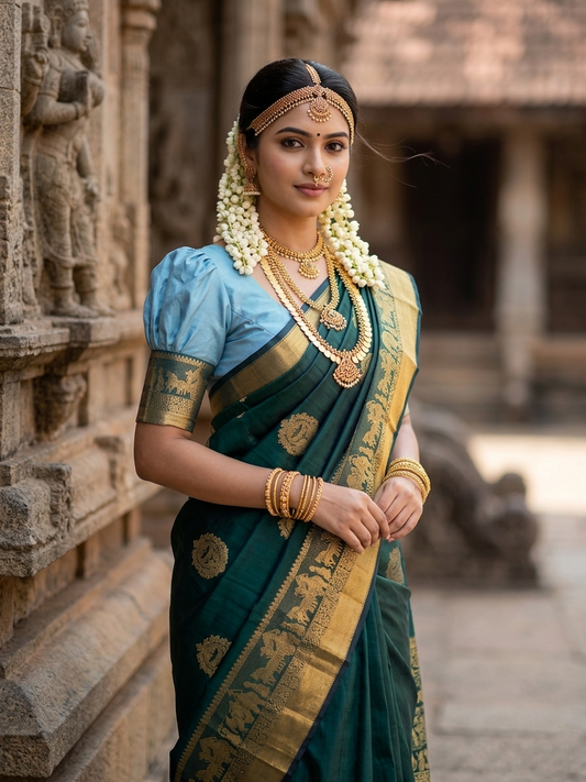 Southloom Premium Handloom Bridal Kanchipuram Silk Saree with Pallaku Design (Green)