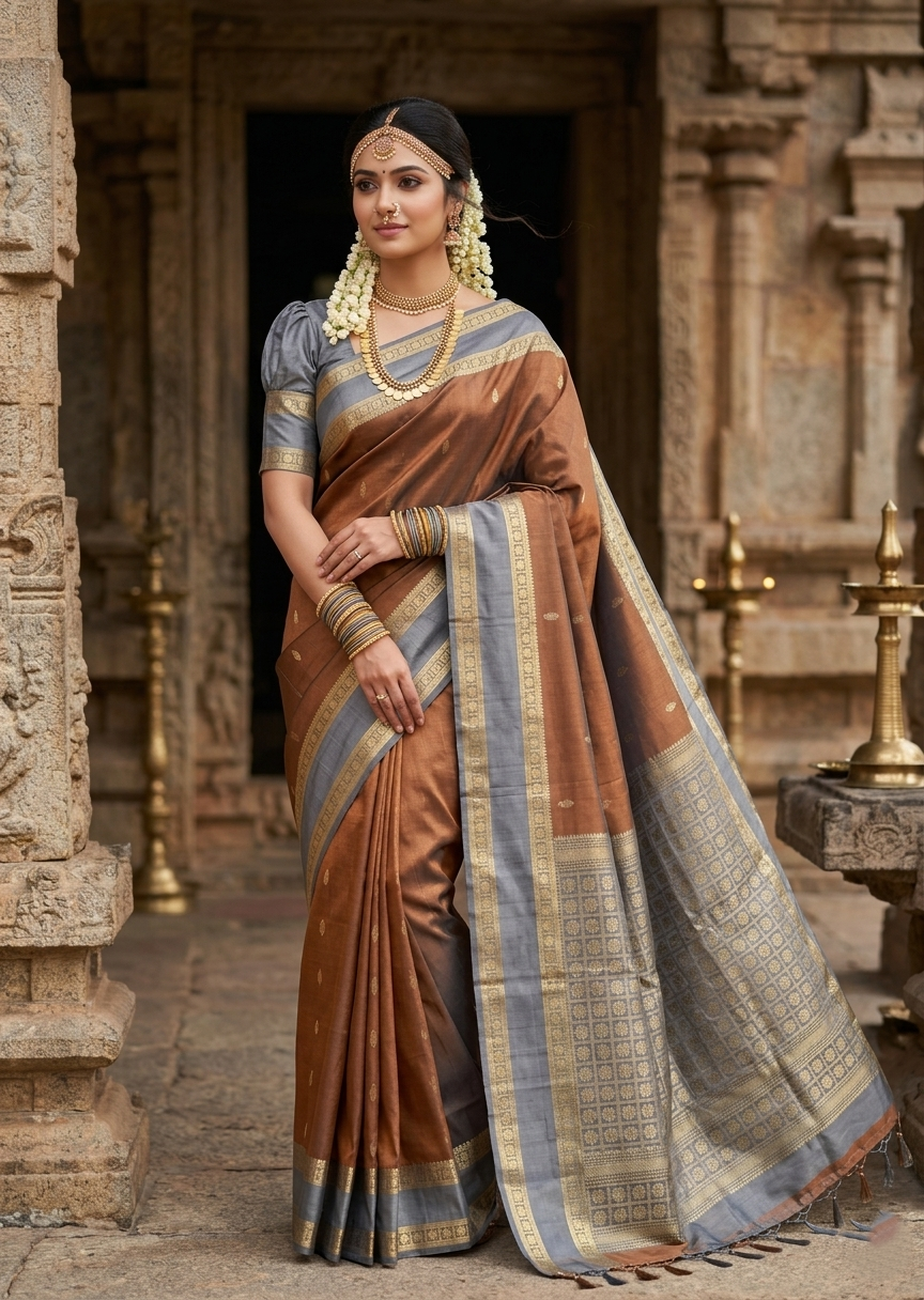 Southloom Pure Handloom Bridal Kanchipuram Silk Saree with Korvai Work (Brown & Grey)
