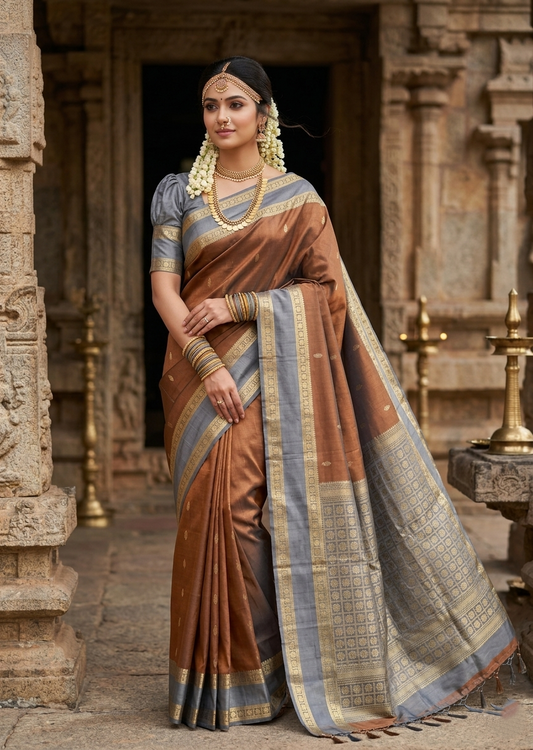 Southloom Pure Handloom Bridal Kanchipuram Silk Saree with Korvai Work (Brown & Grey)