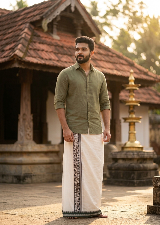 Southloom White Printed Single Mundu / Otta Mundu / Lungi (South Indian Kerala Dhoti)
